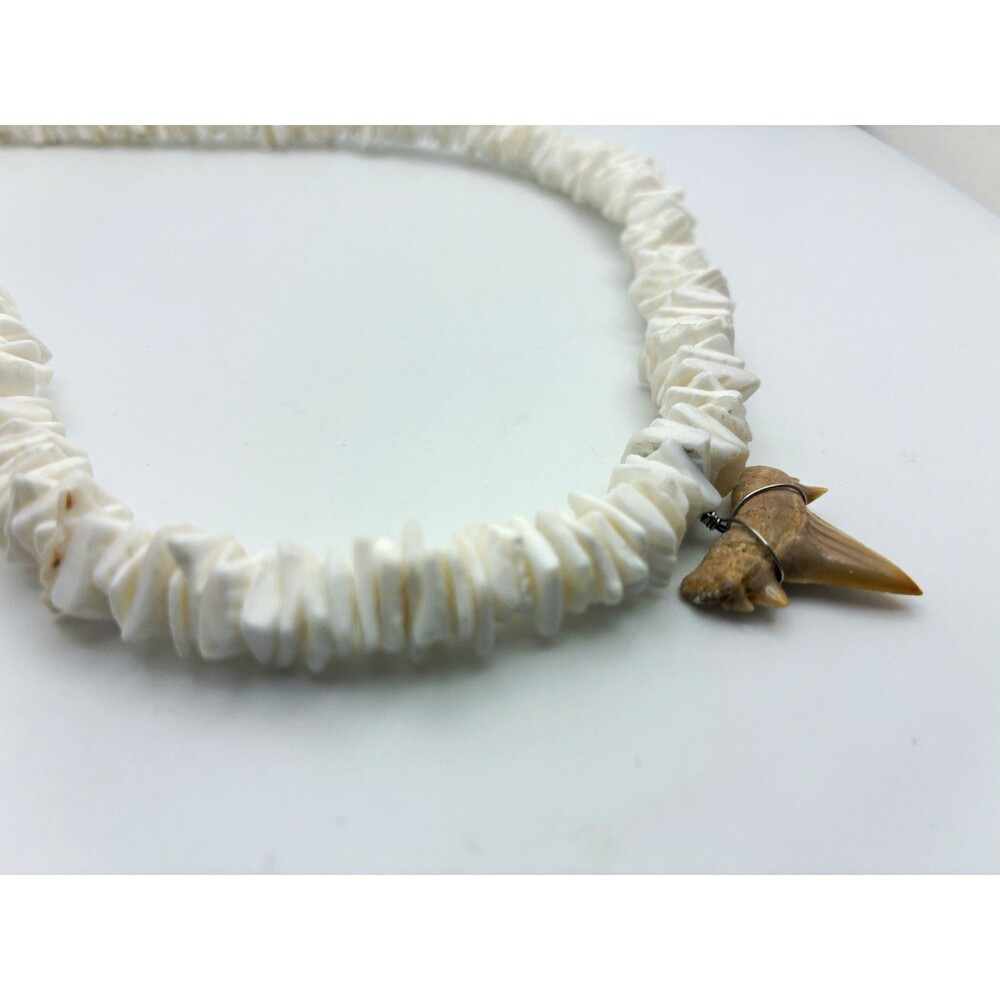 Shark Tooth Fossil Pendant Necklace with White Square Puka Shell Bead Strand